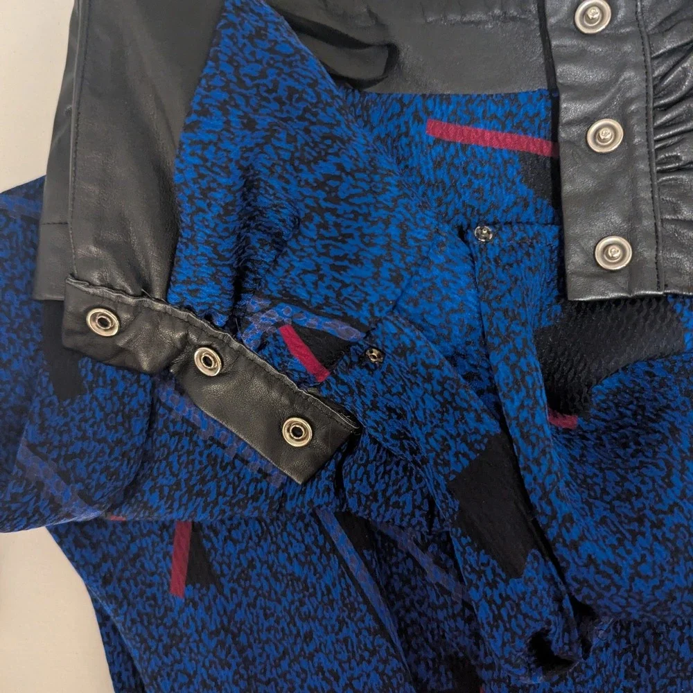 VTG 80's‎ Designer Silk Leather Trim Blouse & Skirt 2 Pc Set Black Cobalt Sz 10